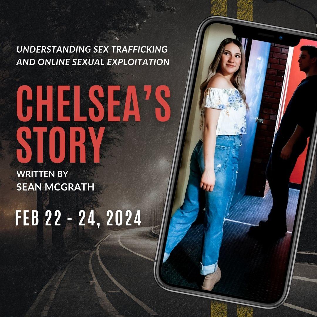 Image announcing the 2024 tour of play Chelsea's Story, including image of teenage girl Chelsea posing in foreground, with shadowy figure in background. 